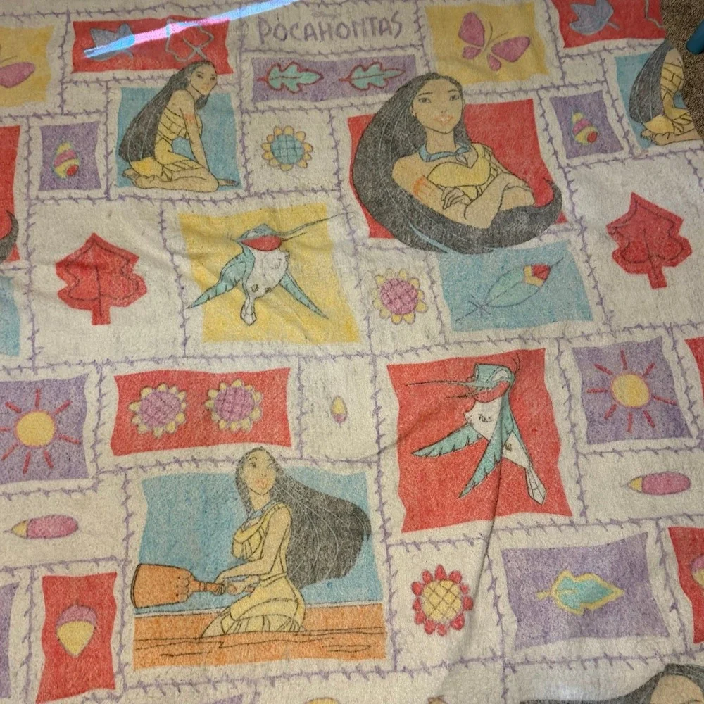 Vintage Disney Pocahontas Fleece Blanket Made in USA 90s Character Floral